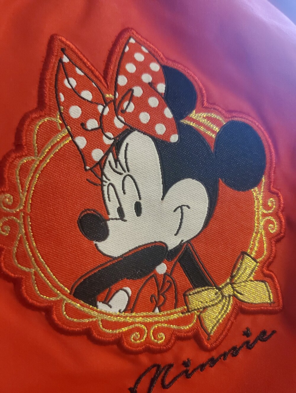 Disney Minnie Mouse Girls Bomber Varsity Jacket Red With Black Gold Sz 7-8 Lined